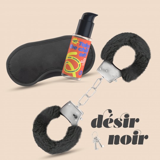 DÉSIR NOIR CONJUNTO DE ESPOSAS + ANTIFAZ SATINADO Y LUBRICANTE CON EFECTO CALOR CRUSHUIOUS