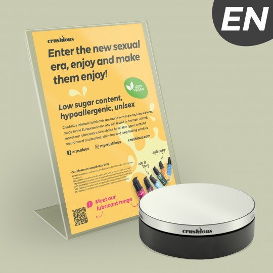 EXPOSITOR ROTATIVO CRUSHIOUS COM FLYER DE APRESENTAÇÃO LUBRIFICANTES INGLÊS